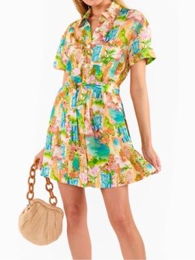 Show Me Your MuMu Tropical Print Shirt Dress in Peach, Aqua, Green